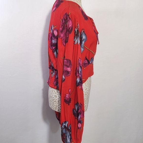 Band of The Free Crop Top Floral Scallop Tie Front Long Sleeve Smocked Size L - Picture 7 of 12